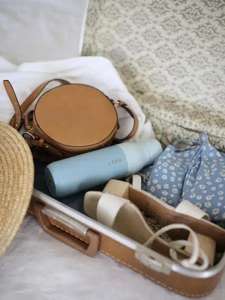 How to plan your next vacation, Small suitcase with sandals, small tan purse inside