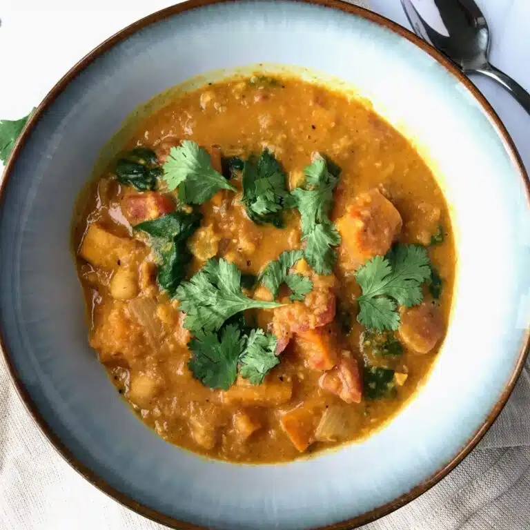 Butternut squash and chickpea curry in a bowl.